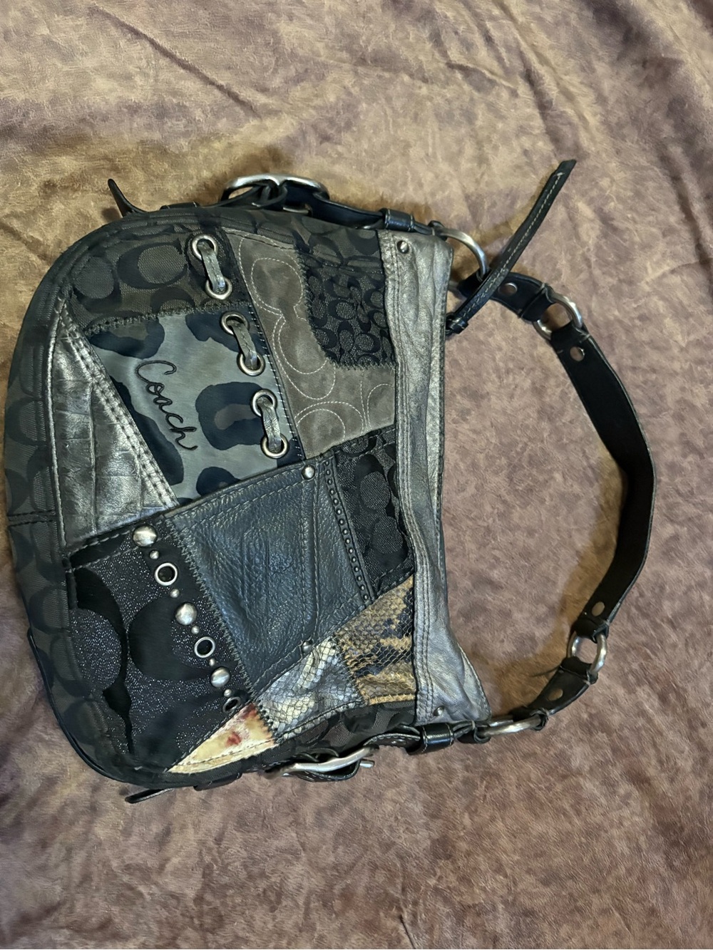 Vintage Coach Zoe Patchwork Hobo Bag Black Grey Exotic Metallic Y2K 12901